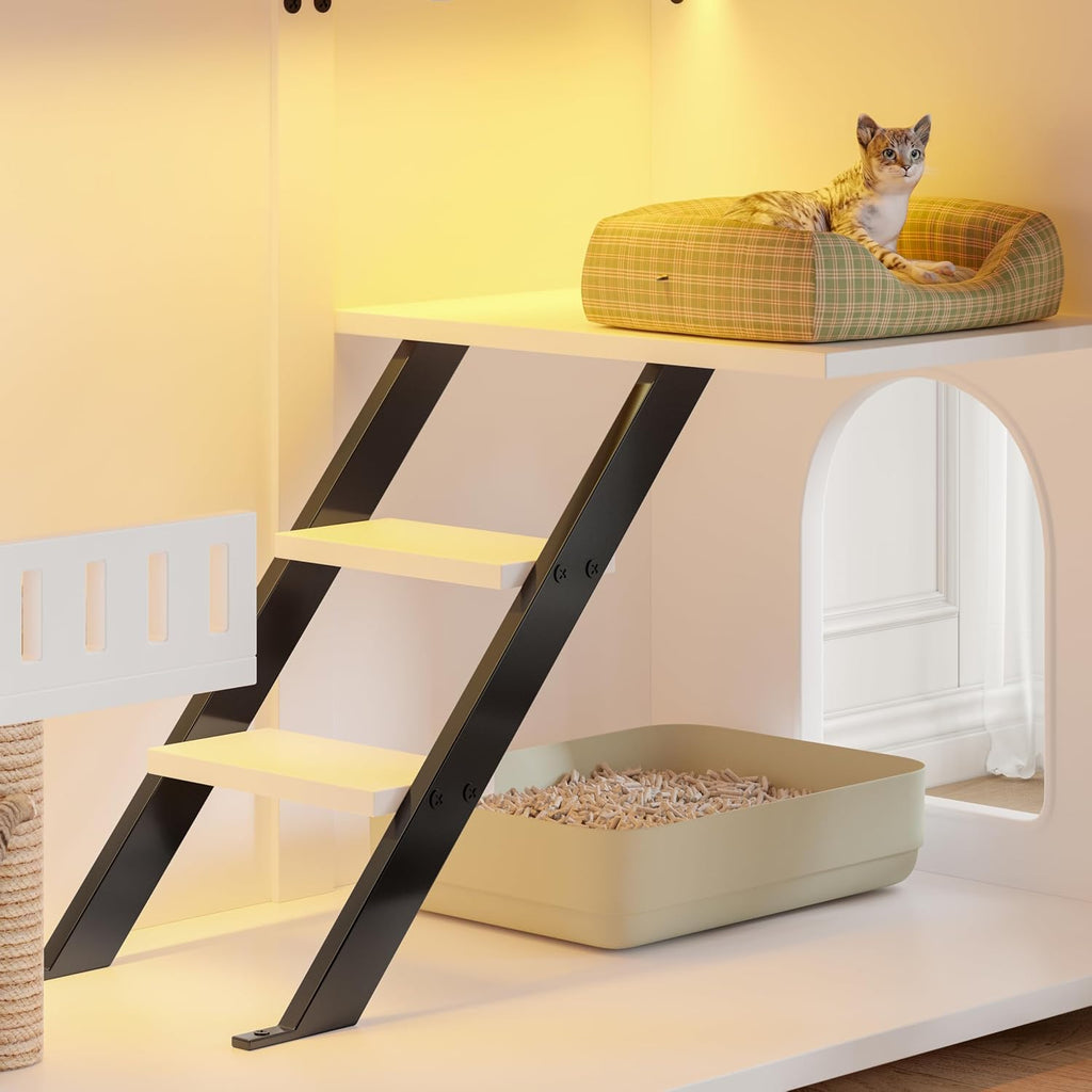 Farmhouse Cat Litter Box Enclosure with Stairs and Scratching Post, 47" Dual-Acrylic Door Cats House with LED Light