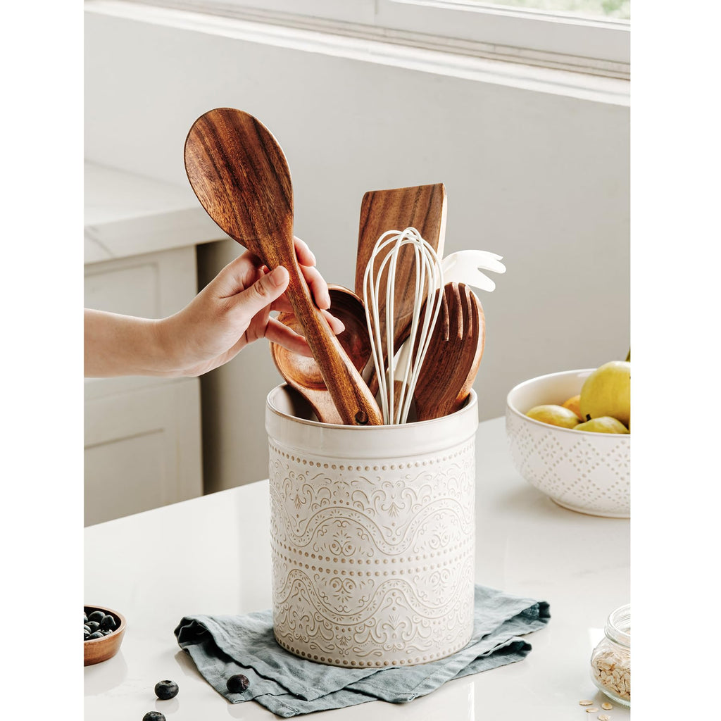 Kitchen Utensil Holder, 7 Inches Large Ceramic Utensil Holder for Countertop, Lace Emboss Cooking Utensil Crocks