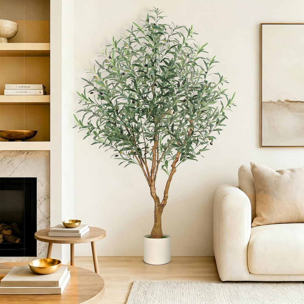 Olive Trees Artificial Indoor, 6FT Faux Olive Tree with White Tall Planter, Full Lush Artificial Plants with Large