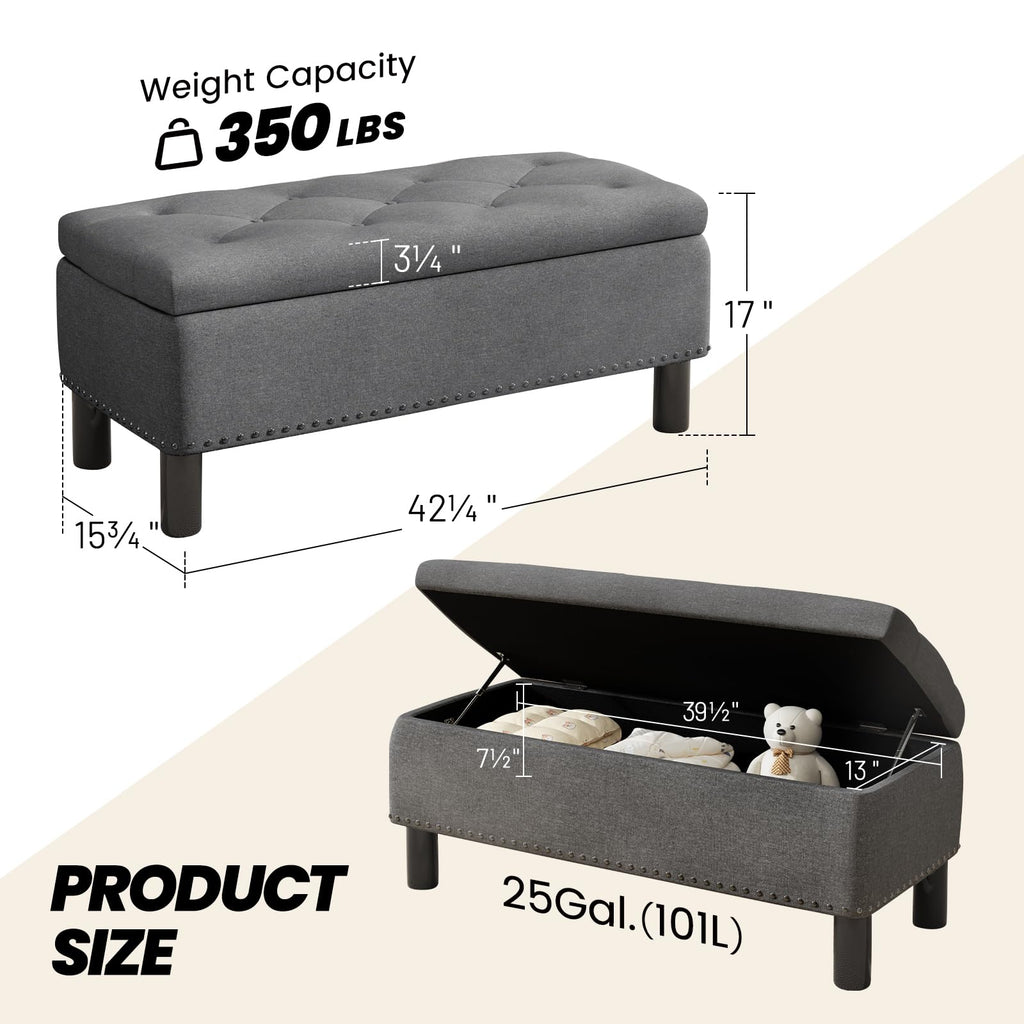 Storage Bench, Upholstered Linen Ottoman Bench with Button-Tufted, Folding Bedroom Bench with Wood Legs, Entryway