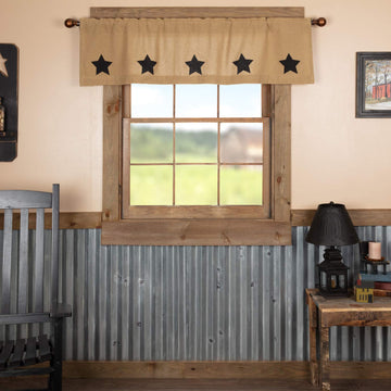 Burlap Natural with Black Stars Primitive 16"x60" Valance Tan Rod Pocket Stenciled Cotton Kitchen Window Curtains