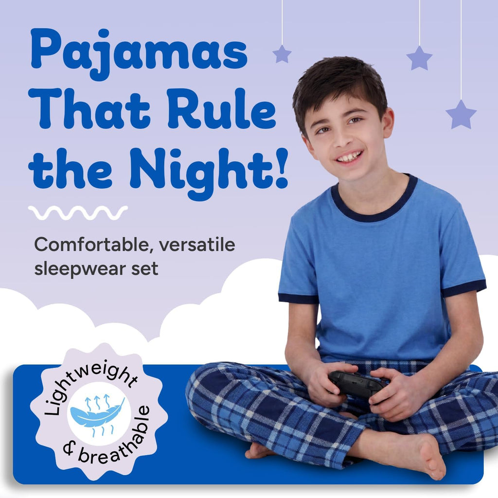 Boys Pajamas Set | Piece Pant, Shirt, Shorts Sleepwear Pjs for Kids | Loose Fit, Soft, Breathable Blue Plaid