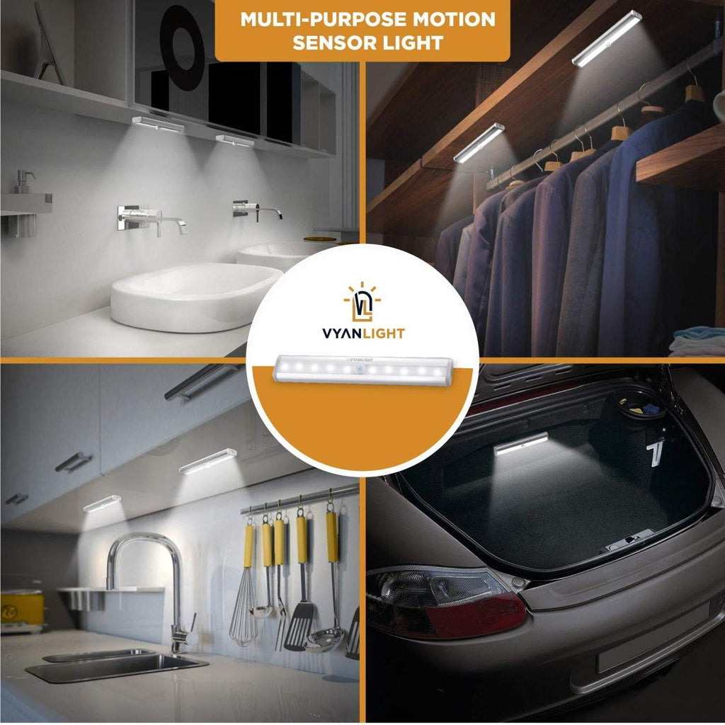 Motion Sensor LED Under Cabinet Lights, 10 LED Light Strips for Closet, Kitchen, Bathroom, Pantry - Battery Operated