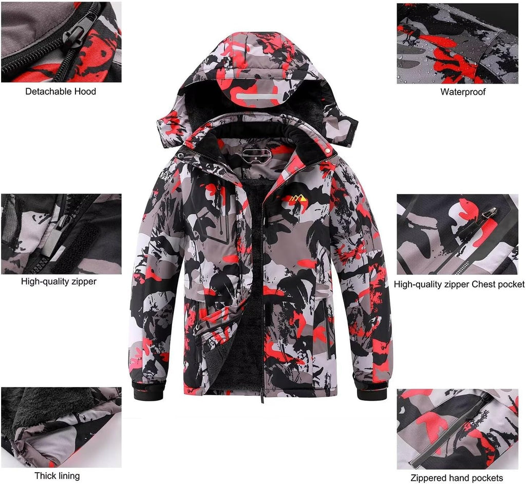 Boy's Waterproof Ski Jacket Warm Winter Snow Coat Kids Fleece Snowboarding Jackets Thick Hooded Windproof Coats