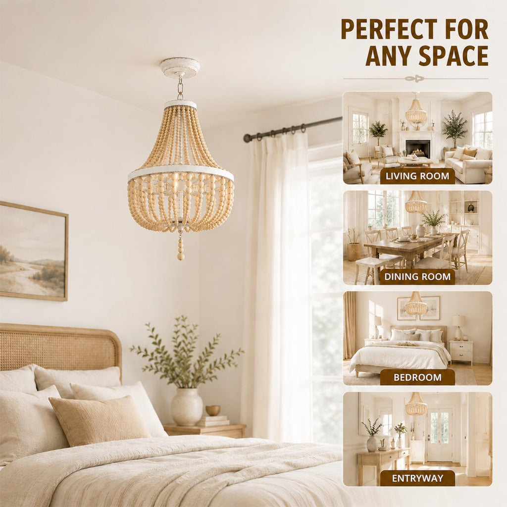 3-Light Mini Bohemian Wood Beaded Chandelier Pendant Boho Light Fixture, Antique Metal Finish Natural Color Wooden