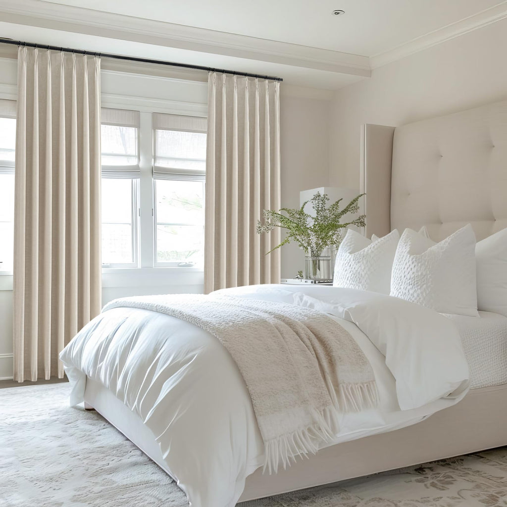 100% Blackout Pinch Pleated Beige Curtains 95 Inches Long 2 Panels