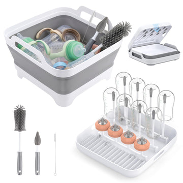 Collapsible Baby Bottle Wash Basin w/Drying Rack & Drain Plug, Gray
