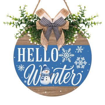 Hello Winter Wooden Wreath Door Sign Snowflakes Door Hanger 12 Inch