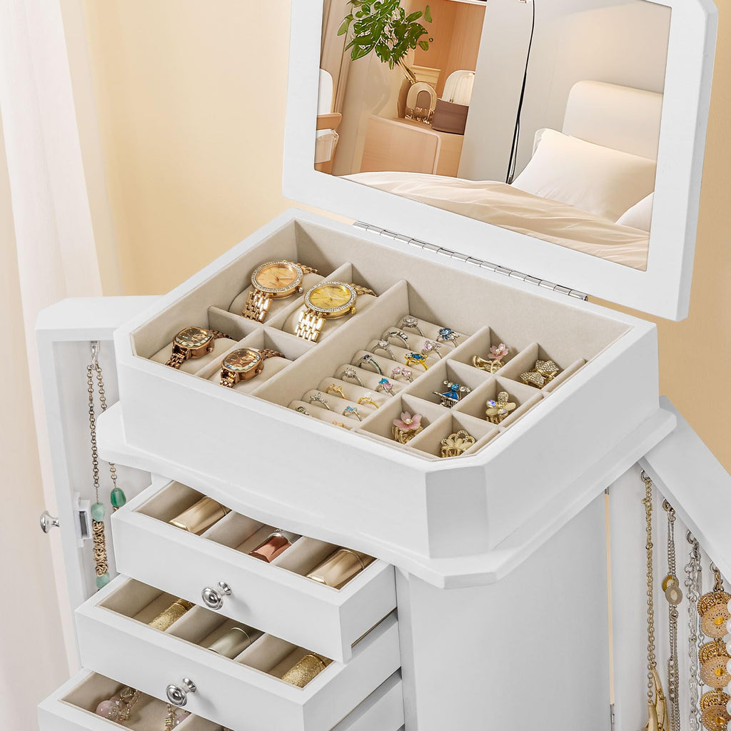 Standing Jewelry Armoire Cabinet, Large Standing Jewelry Organizer Box with Top Flip Mirror, 7 Drawers & 2 Side