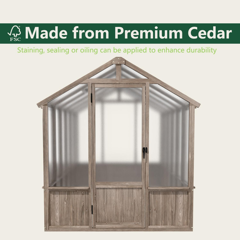 6x12 FT Greenhouse for Outdoors Cedar Wood Green House with 6MM Polycarbonate Panel & Adjustable Vents Walk in