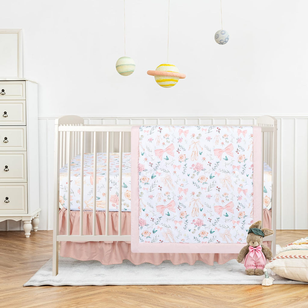 Crib Bedding Set for Girls 4-Piece, Bow Baby Girl Crib Bedding Set Pink Flowes, Nursery Sets Includes Comforter