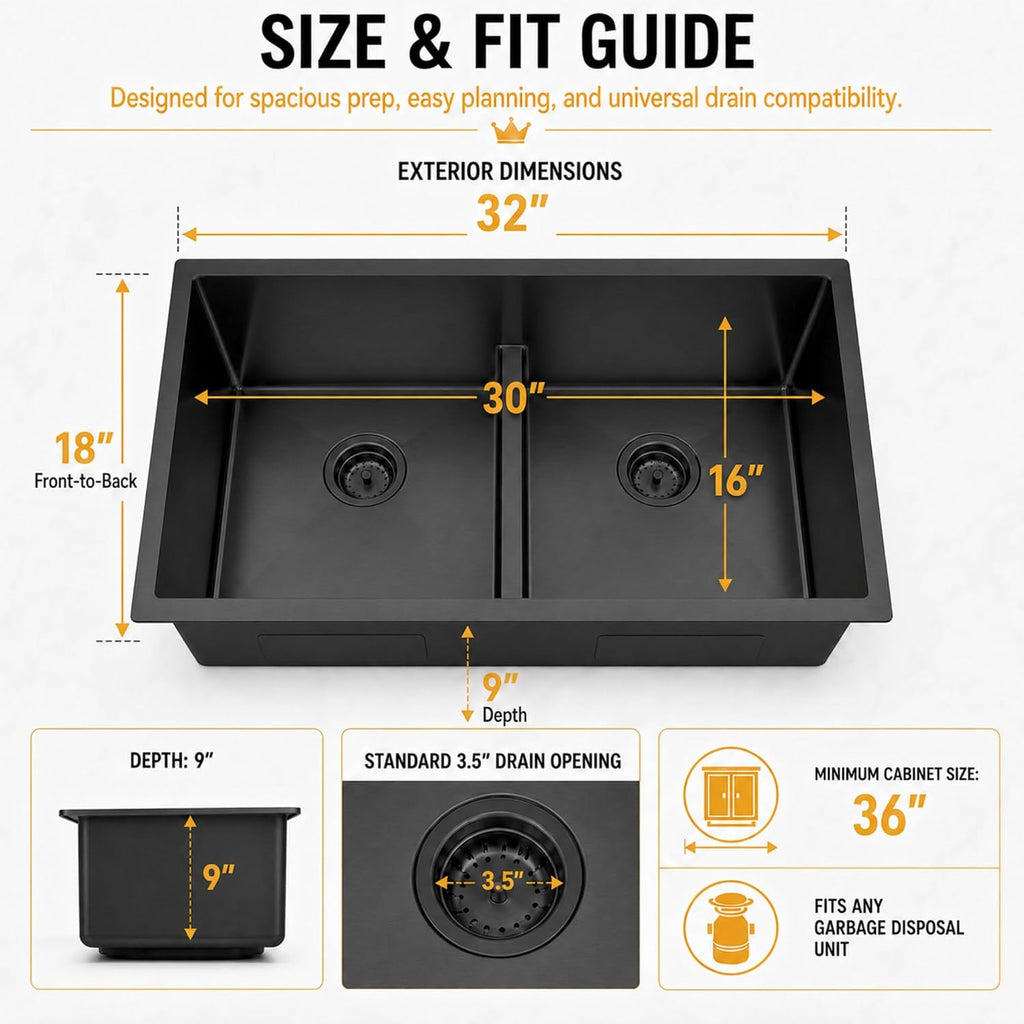 32 inch Double Bowl Kitchen Sink,Black Undermount Kitchen Sink 32 X 18 inch,16 Gauge Stainless Steel Undermount