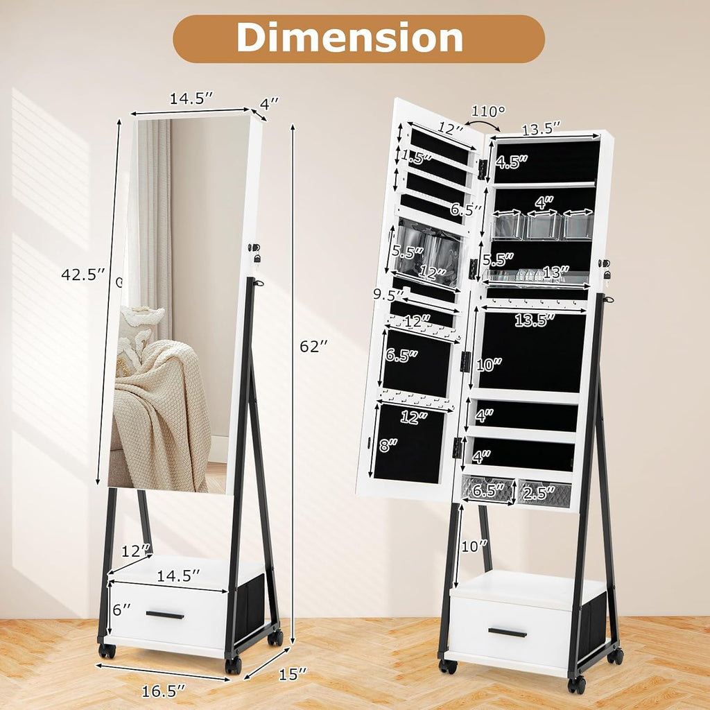 Rolling Jewelry Armoire Cabinet, Full Length Mirror with Storage, Floor Standing Lockable Jewelry Cabinet