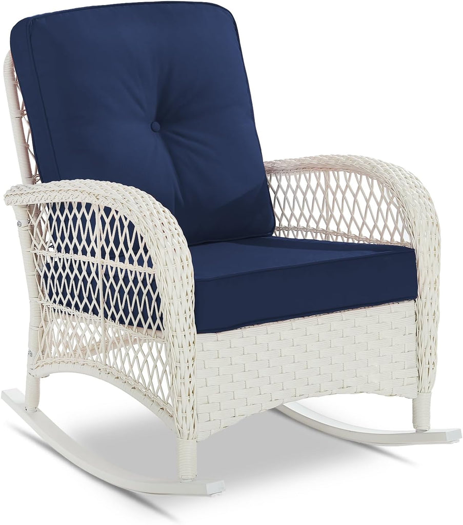 Outdoor Wicker Rocking Chair, Patio Rattan Rocker Chair with Cushions & Steel Frame, All-Weather Rocking Lawn