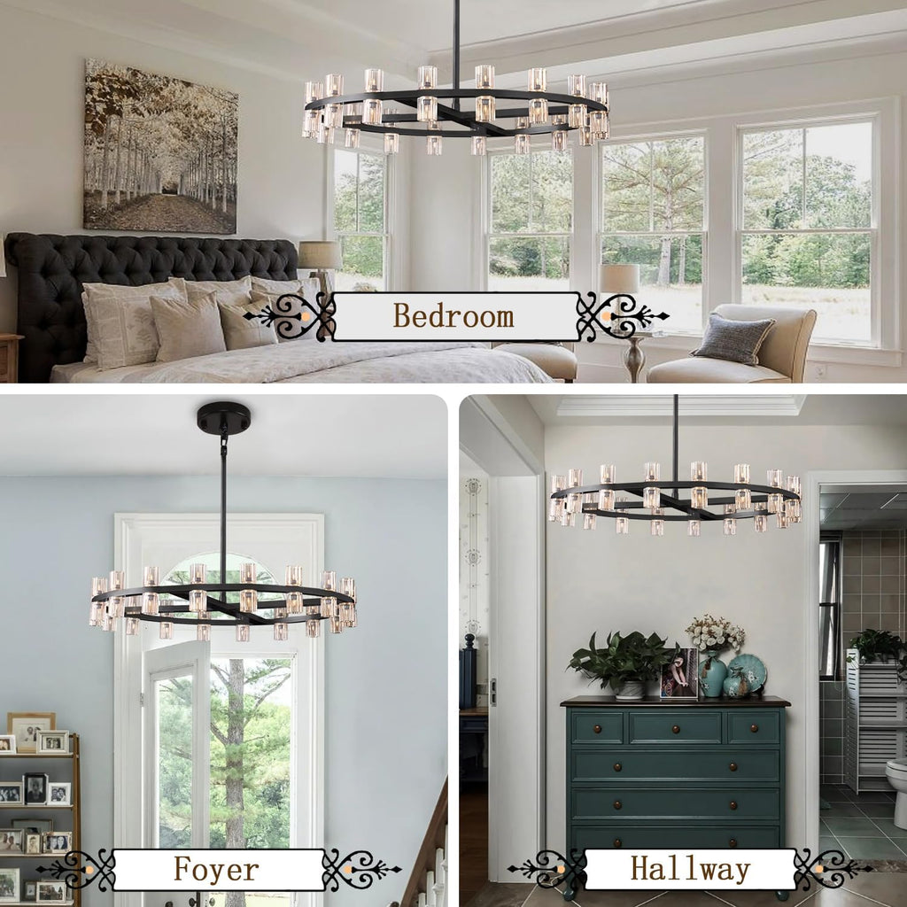 Inspired Arcachon Style Round Wagon Wheel Chandelier, 32" 32-Light Black — Foyer, Dining & Living Room