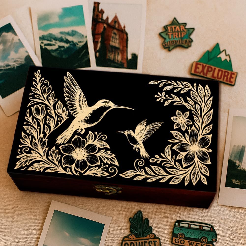Wooden Memorial Storage Box with Hinged Lids, Hummingbird Flowers