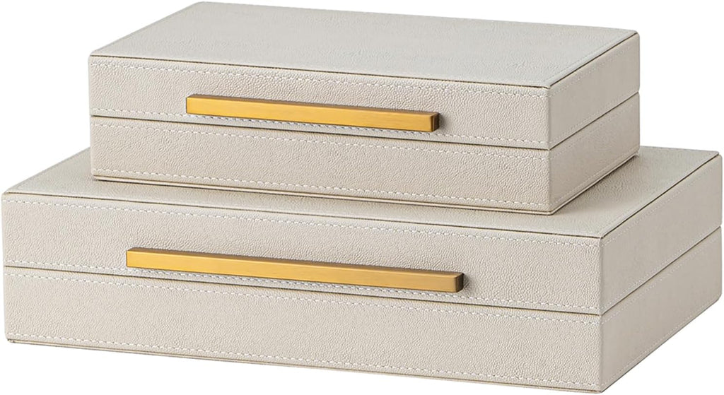 Faux Leather Large Modern Stackable Nesting Jewelry Box with Lids Organizer Beige Shagreen Decorative - Set of 2