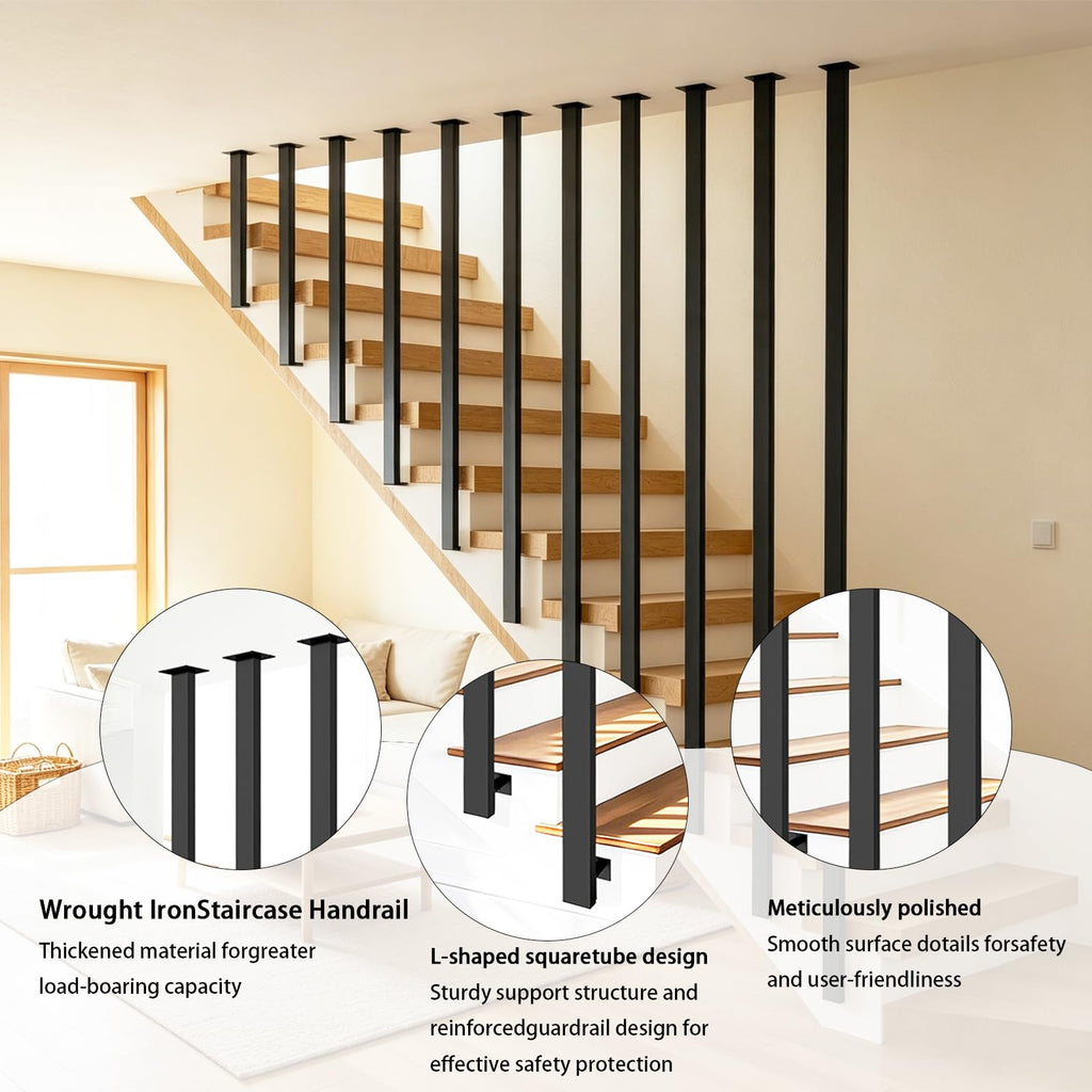 Black Modern Stair Railing, L Form Hand Rails for Indoor Stairs, 1.97-19.69 ft Spliceable Stair Railing Indoor
