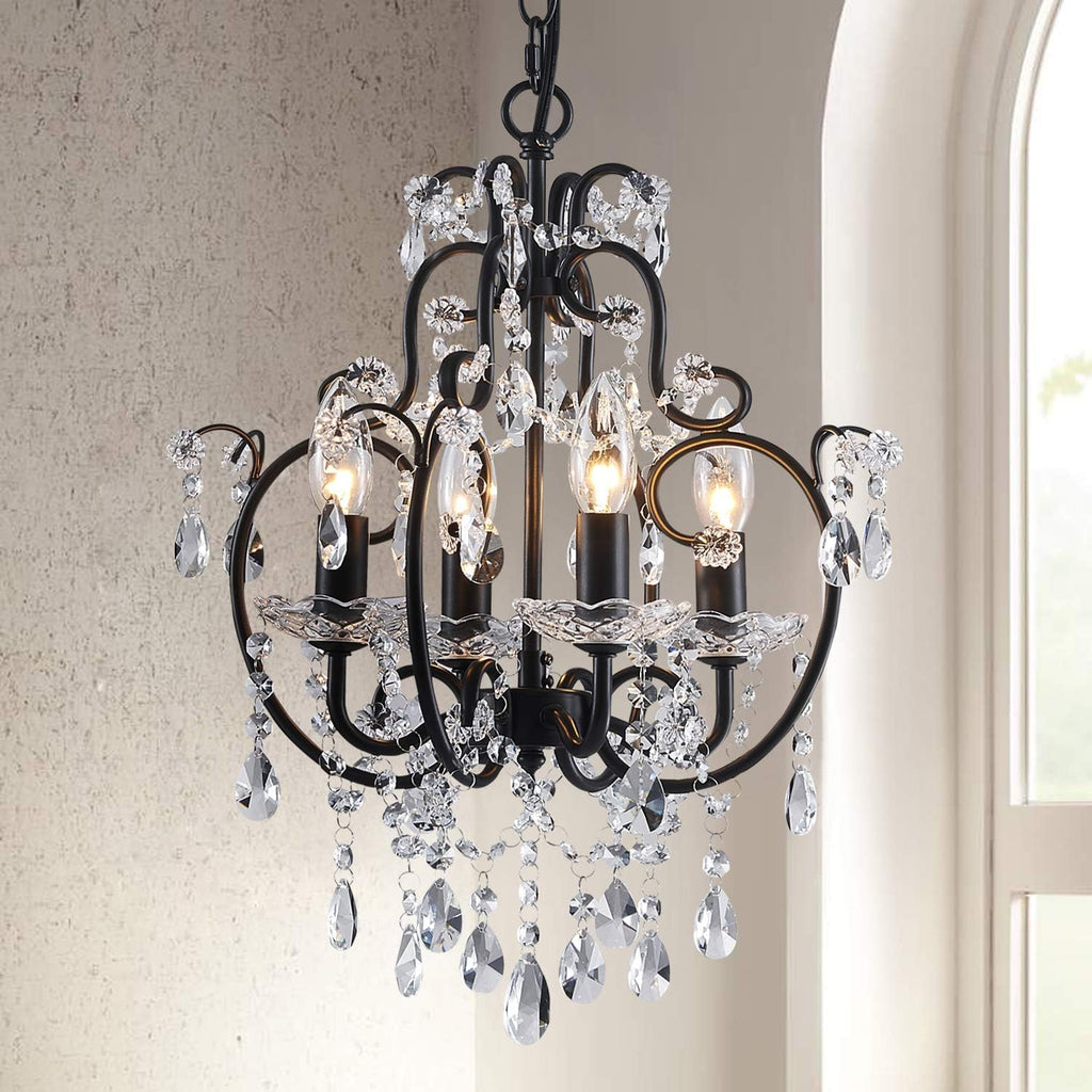 4-Lights Crystal Chandelier with K9 Crystals, Black Farmhouse Style Pendant Light Fixture, H17 x D12, Chain Adjustable A109-B08N4NDY5X
