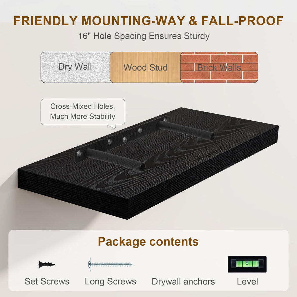 Black Floating Shelves 36 Inch Long, 8 Inch Deep Floating Shelf for Wall, 36" W x 8" D Wall Shelves Set of 2, Black