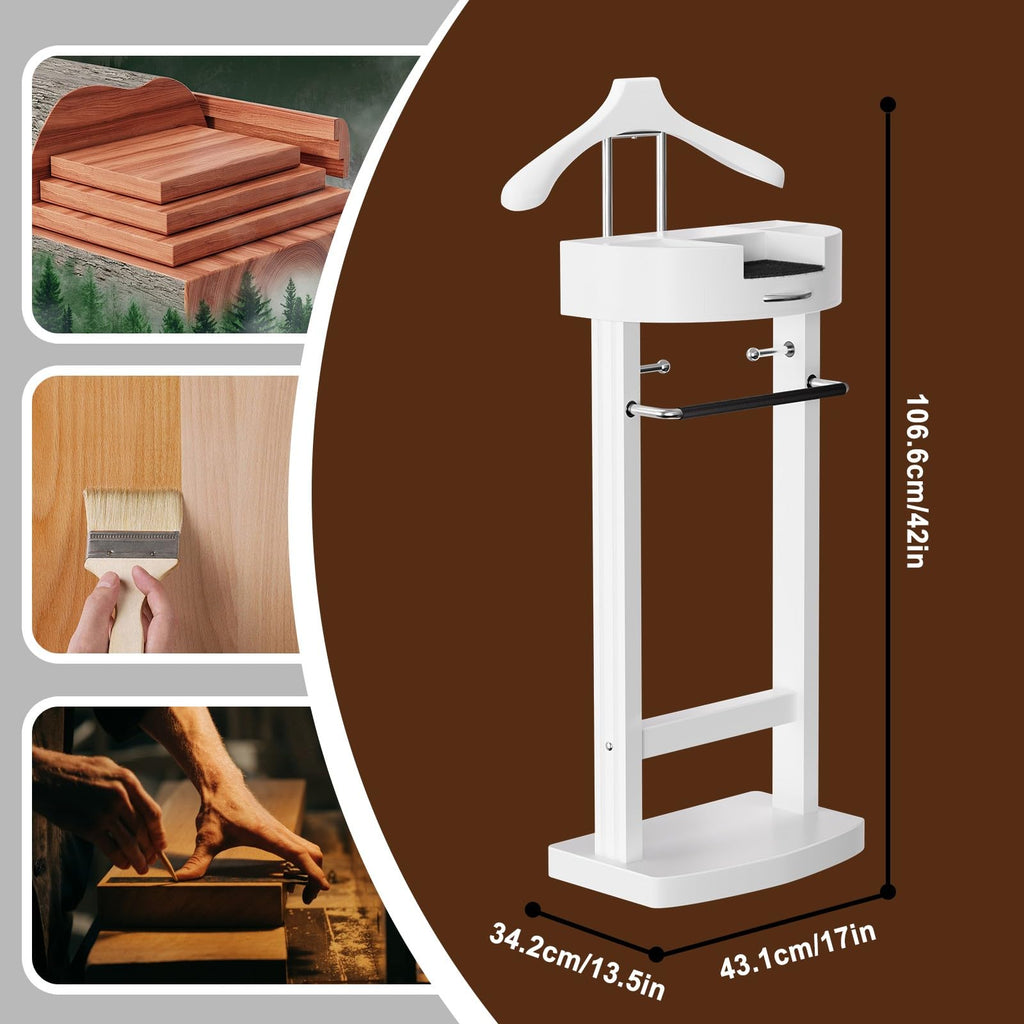 Wooden Valet Stand for Men, Clothes Valet with Tray and Sturdy Base, Freestanding Suit Stand, Load Capacity 100 lbs