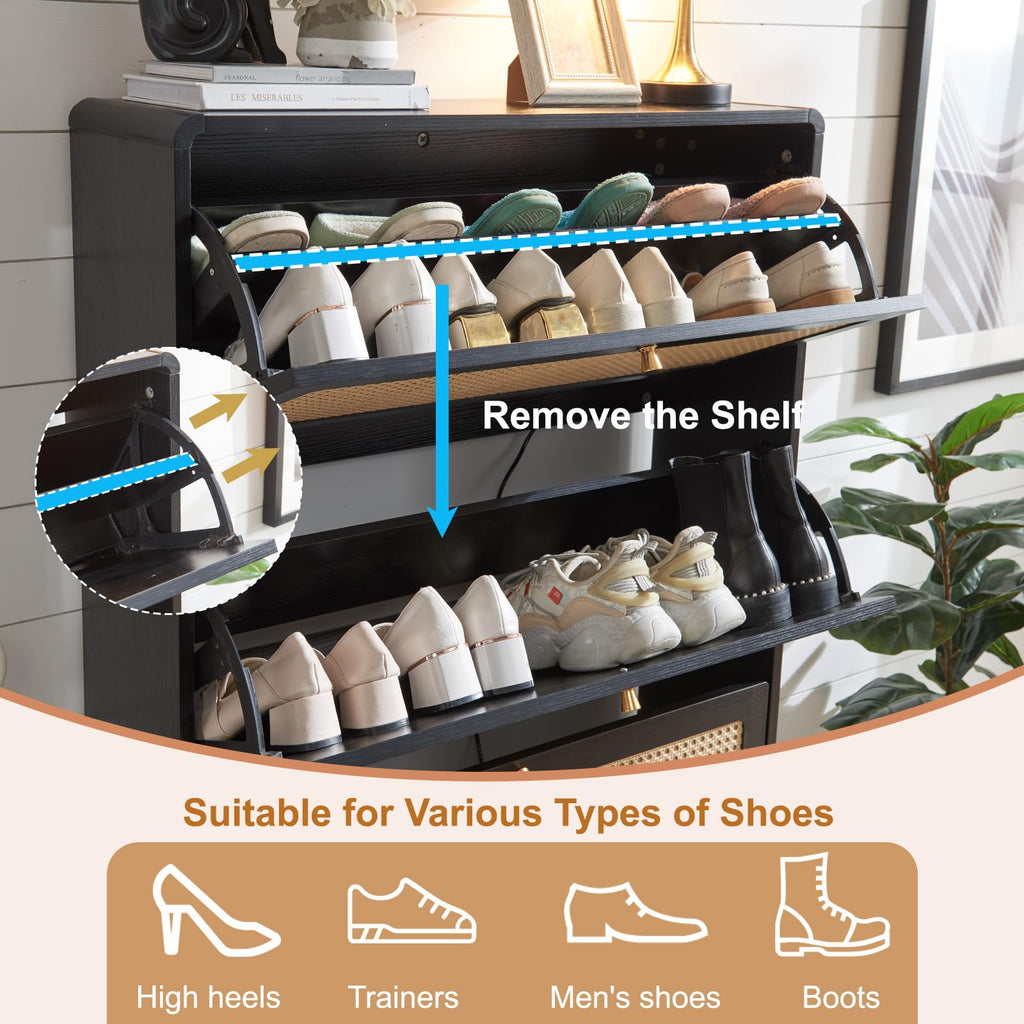 Rattan Shoe Cabinet with 3 Flip Drawers, Black Slim Shoe Storage