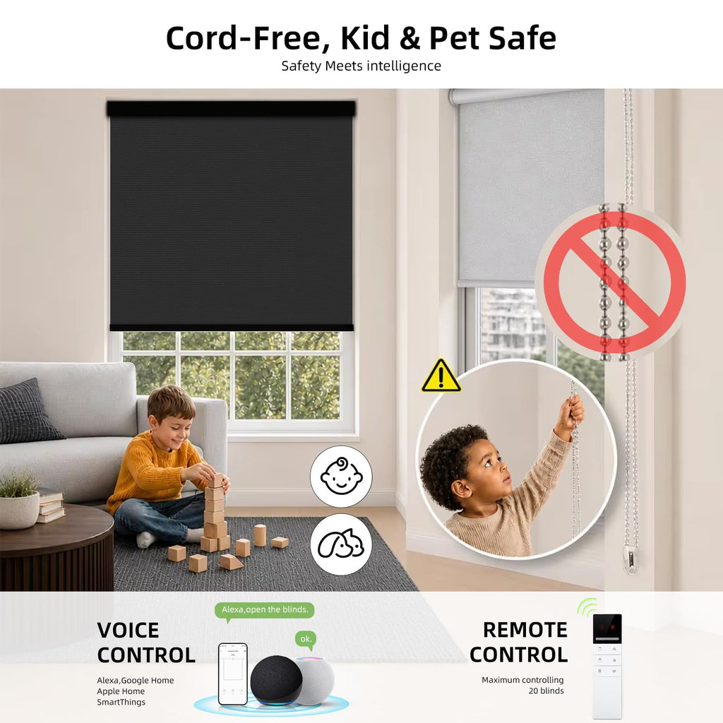 Motorized Smart Roller Shades with Remote, Full Blackout Black