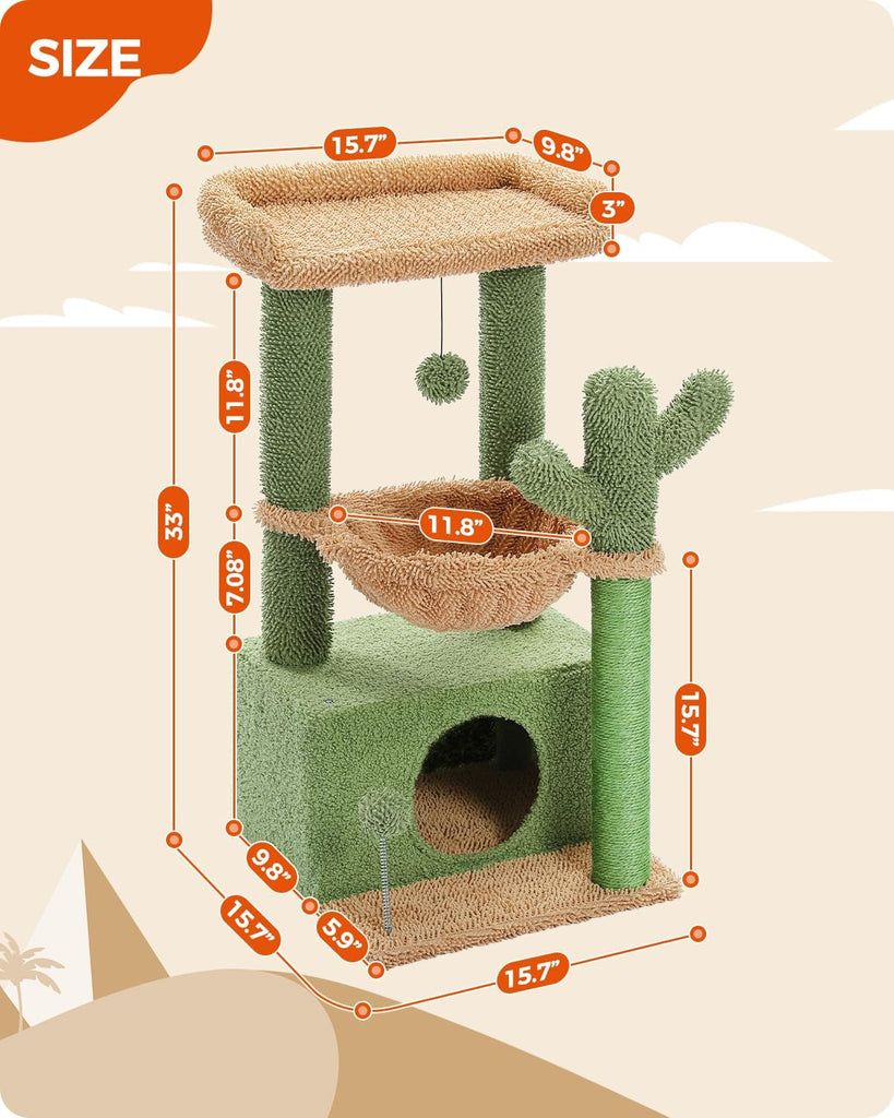 4-in-1 Cactus Cat Tree for Kittens & Small Cats, 33in Green Tower