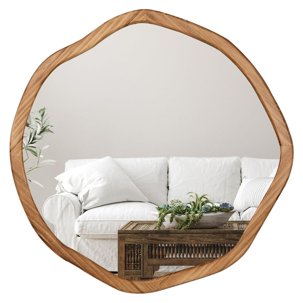 Irregular Round Wood Mirror 24 Inch, Rustic Brown Wall Mirror