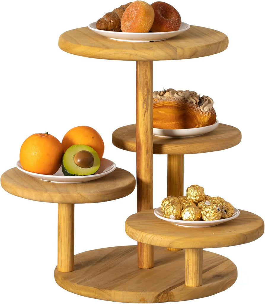 Multi Purpose 4-Tier Round Wooden Cake Stand and Charcuterie Boards - Perfect Tiered Tray Display for Desserts