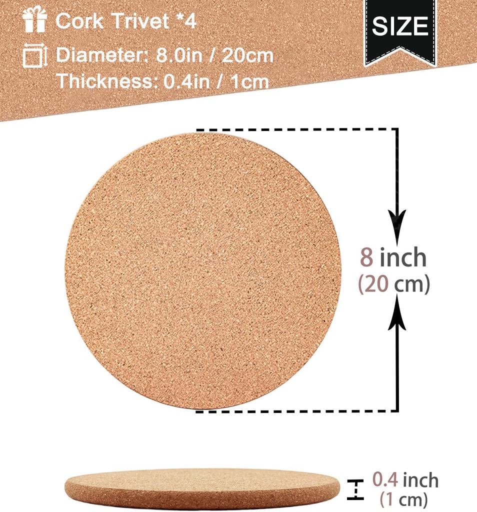 Cork Trivets for Hot Dishes, Hot Pots and Pans, 8 Inch - Set of 4