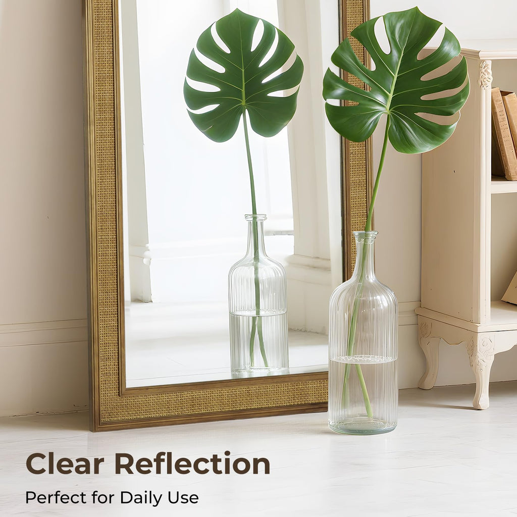 Rattan Wall Mirror Rectangle, 24 X 60 inch Rattan Mirror with Wooden Framed for Wall Decor Bathroom, Living Room