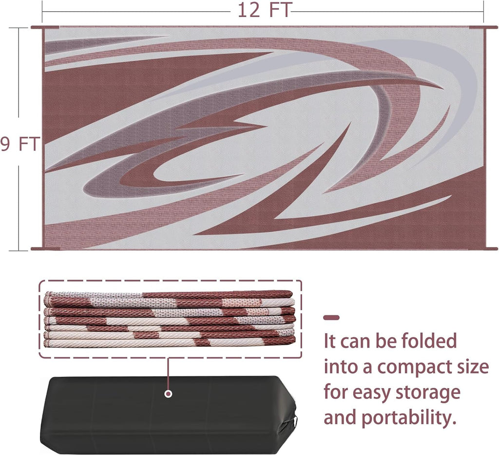 9X12FT Durable RV Outdoor Rugs for Camping RV Mat Modern Wave Design - 9×12 Burgundy