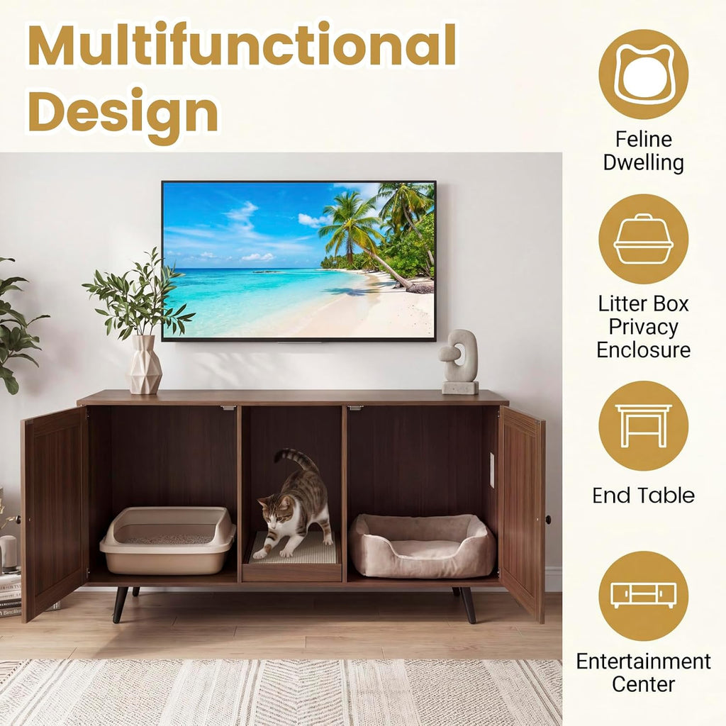 Cat Litter Box Enclosure Furniture for 2 Cats, Large Litter Box Cabinet with Scratching Board, and Adjustable Foot