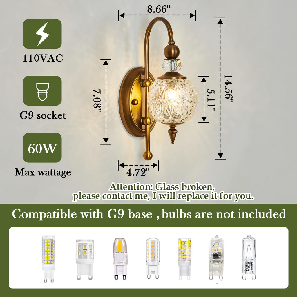 Vintage Gold Wall Sconce Set of Two Mid Century Brushed Brass with Glass Globe Shade Vanity Light Indoor G9 Bulb Wall