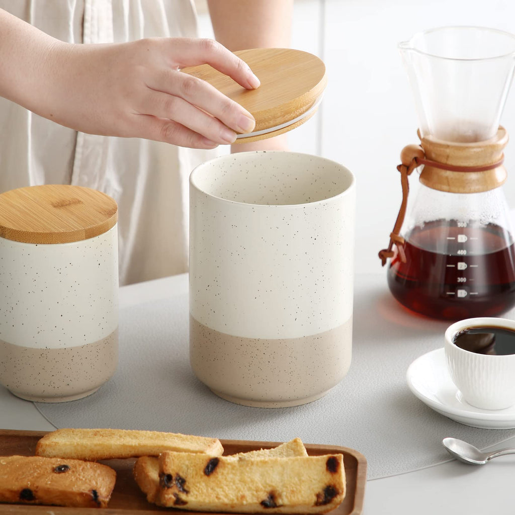 Sabine Ceramic Canister with Airtight Wood Lid - 36 oz Kitchen Storage Container for Coffee, Tea, Sugar, Nuts &
