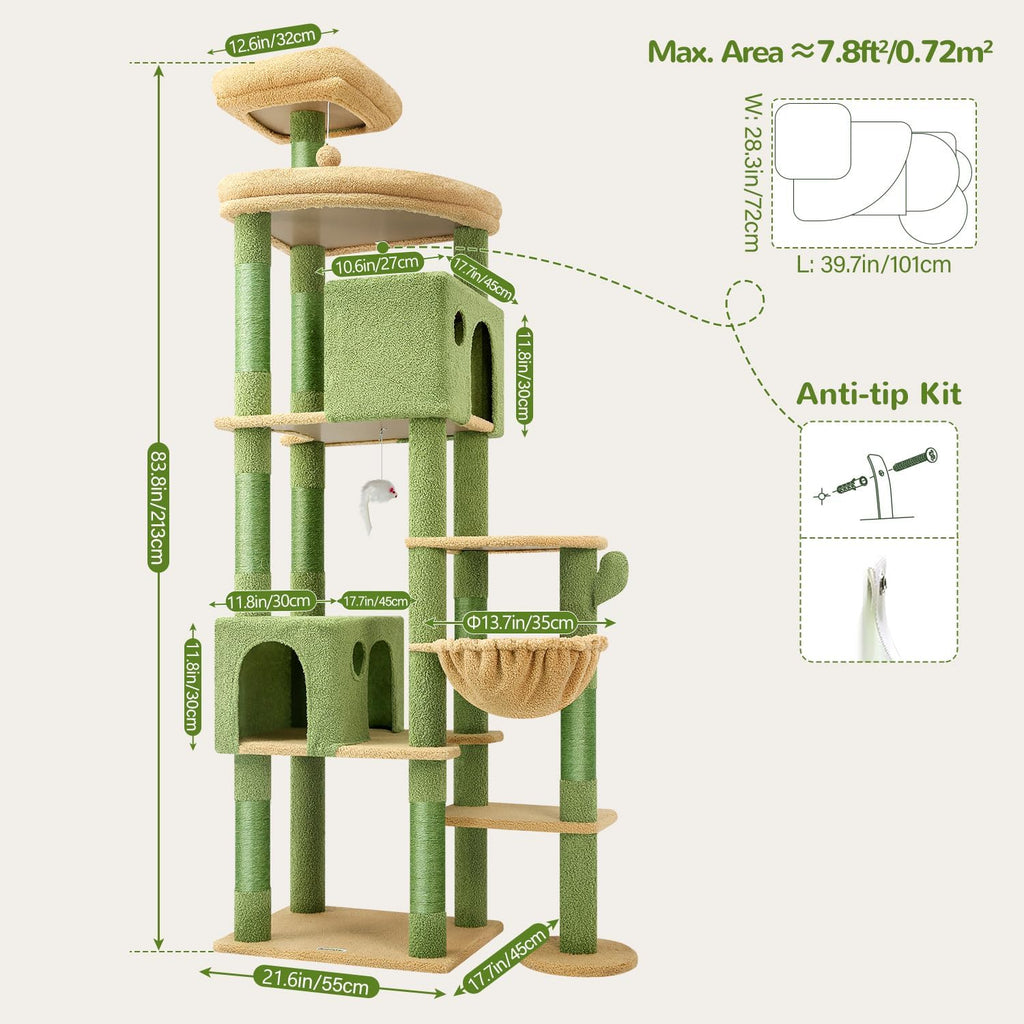 Cactus Giant Cat Tree for Indoor Large Cats, 83in, Green