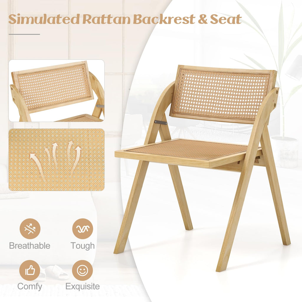 Folding Dining Chairs Set of 2, Wooden Folding Chair with Rattan Backrest & Seat, Sturdy Rubber Wood Frame, Armless