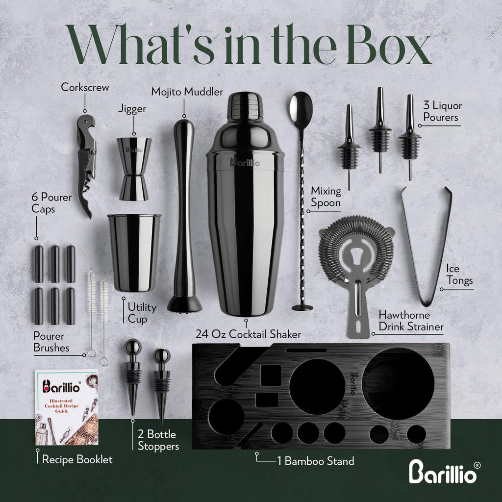 Black Bartender Kit - Stainless-Steel Cocktail Shaker Set w/Black Bamboo Stand - Mixology Bar Tools w/Drink Shaker