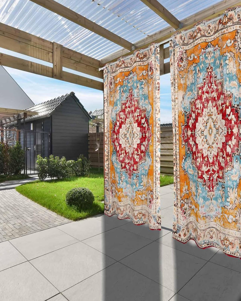 Orange Boho Outdoor Curtain Waterproof, Vintage Ethnic Geometric Weatherproof Outside Curtains with Grommet Top