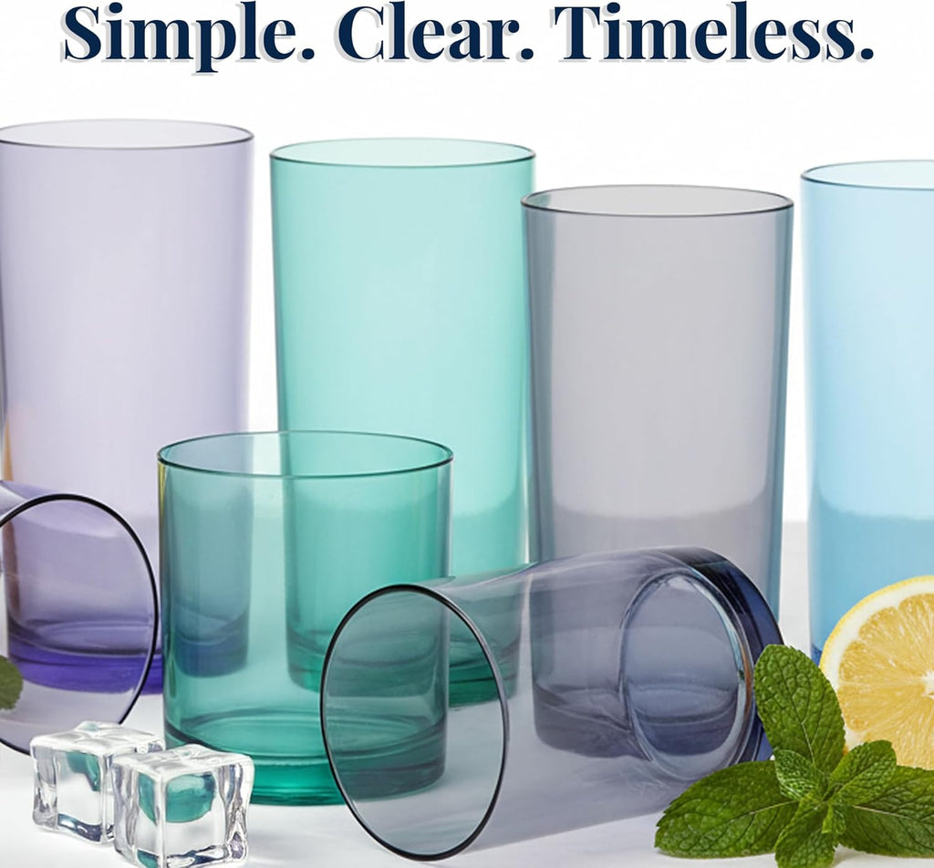 Classic Plastic Reusable Drinking Glasses (Set of 8) 12oz Rocks & 16oz Water Cups in Coastal Colors | BPA-Free