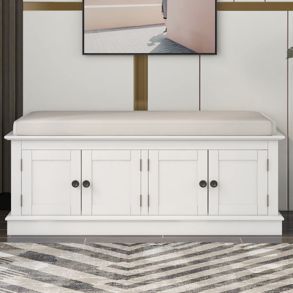 Farmhouse Storage Bench, Wood Storage Benches with Adjustable Shelves, Shoe Bench with Storage and Removable Cushion