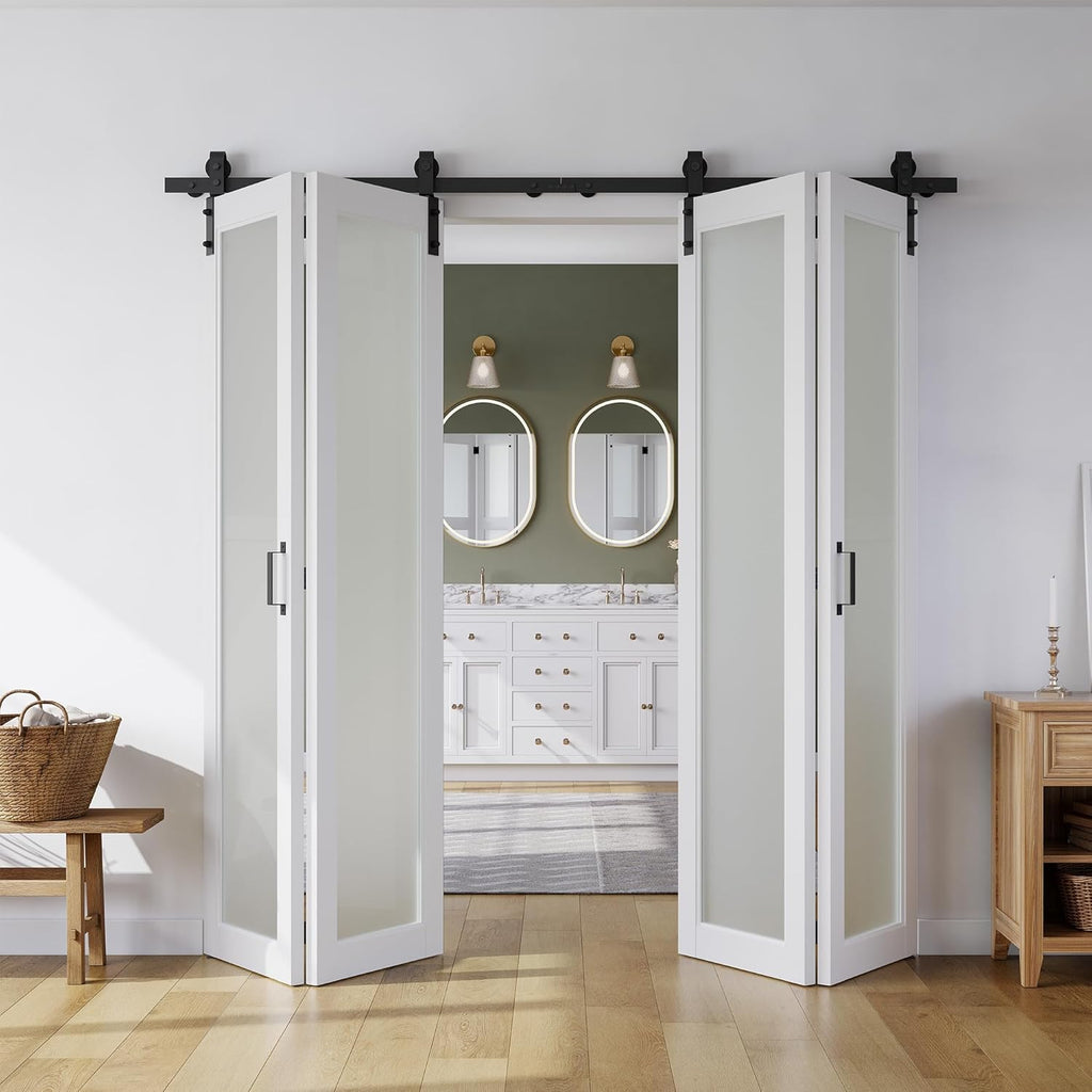 80" x 84" Bifold Sliding Barn Door, 1 Lites Tempered Frosted Glass Panel with Sliding Hardware Kit S