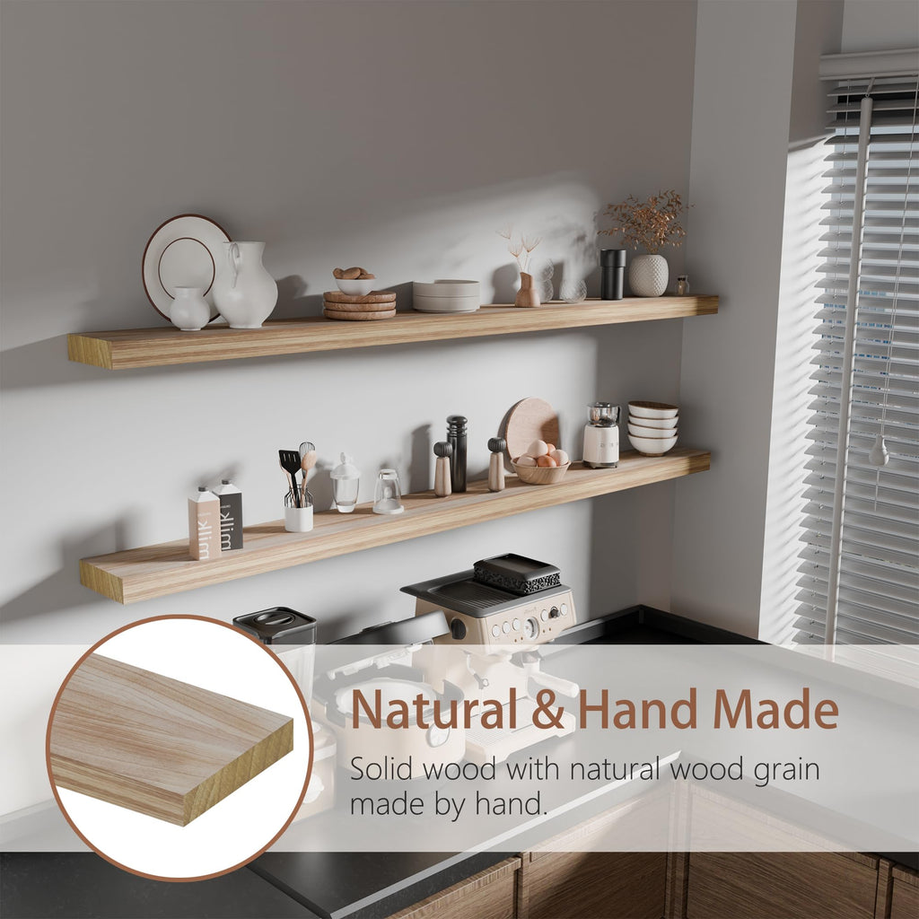 60 inch Long Floating Shelves for Wall, Solid Wood Long Shelves Set of 2, Brown Rustic Mounted Shelves Bedroom Home