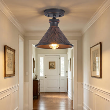 9.2" Industrial Semi Flush Mount Ceiling Light, Vintage Hammered Pattern Cast Aluminum Shade, 1-Light E26 Classic