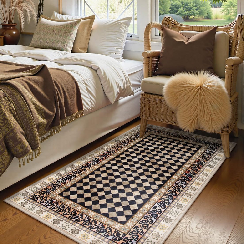 Washable Checkered Kitchen Rug, Black and Brown Trellis Rugs, Stain Resistant Non Slip Funky Carpet Throw Rugs
