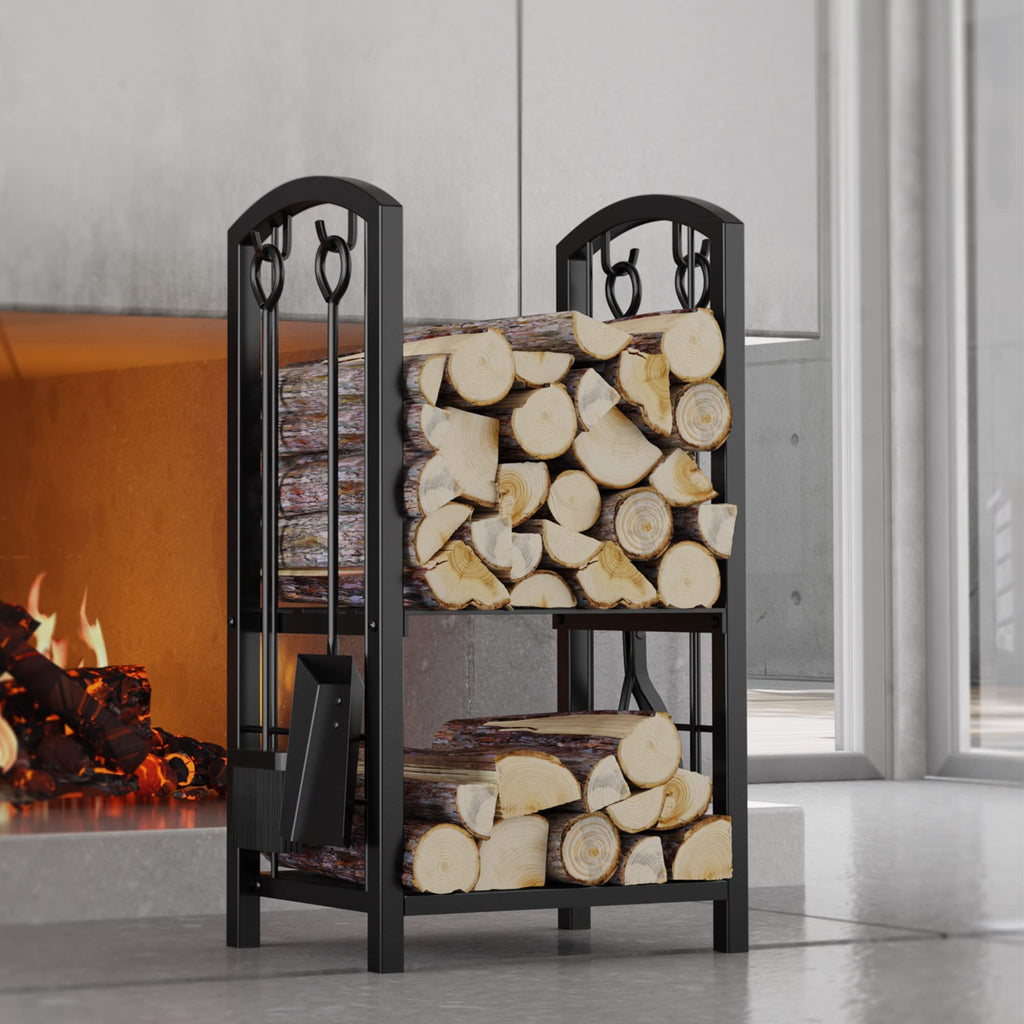 Firewood Rack Log Holder Wood Storage with 4 Fireplace Tool Set