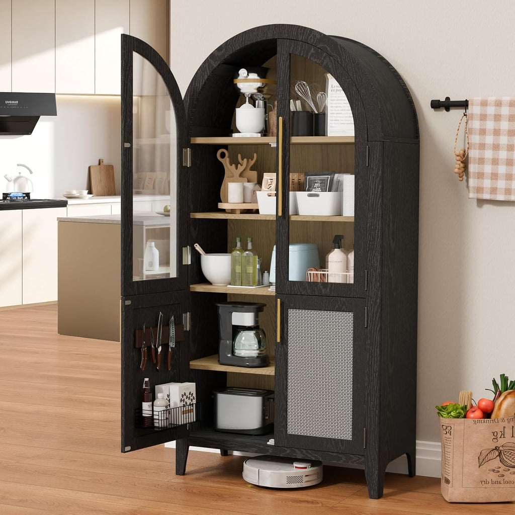 63" Tall Arched Cabinet with Glass Doors, Kitchen Pantry Storage Cabinet with Dust-Proof Rattan, 5-Tier Curio China