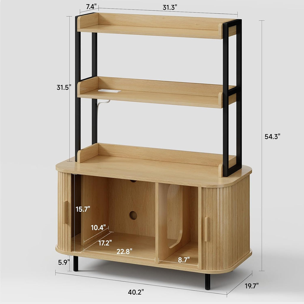 54 Inch Hidden Litter Box Furniture with Shelves and Outlets, Oak