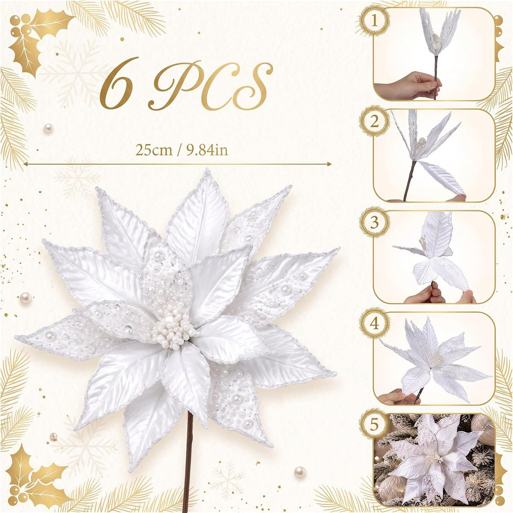 6 Pcs Large Pearl Christmas Poinsettia Ornaments